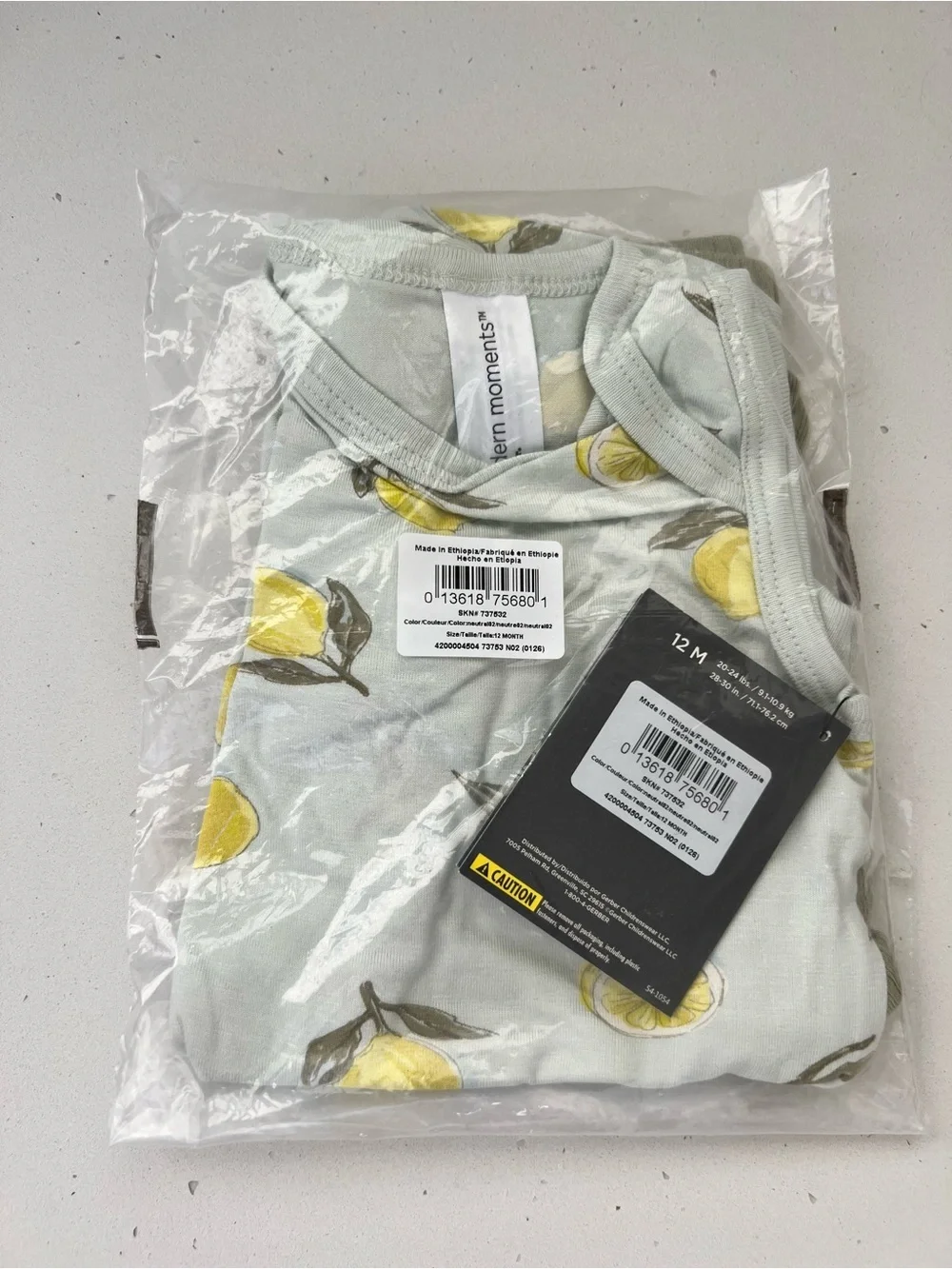 NWT Gerber Modern Moments Baby Lemon Outfit Set 12 Months